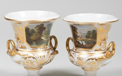 Pair of Derby Porcelain Topographical Urns