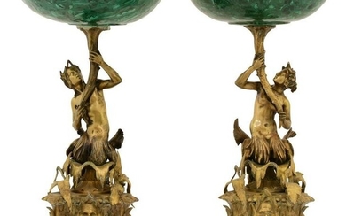 Pair of French Gilt Bronze & Malachite Tazzas