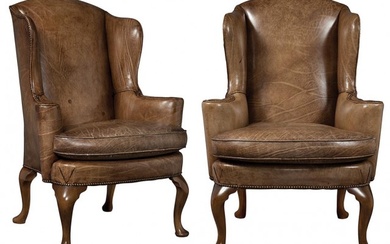 Pair of George I Style Leather Upholstered Stained Beechwood Wing Armchairs