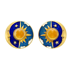 Pair of Gold, Cabochon Citrine and Enamel Earclips, Cellini