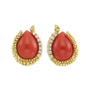 Pair of Gold, Coral and Diamond Earrings
