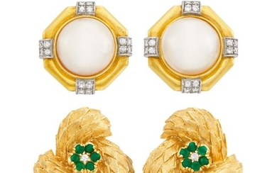 Pair of Gold, Green Onyx and Diamond Earclips and Gold, Mabé Pearl and Diamond Earclips