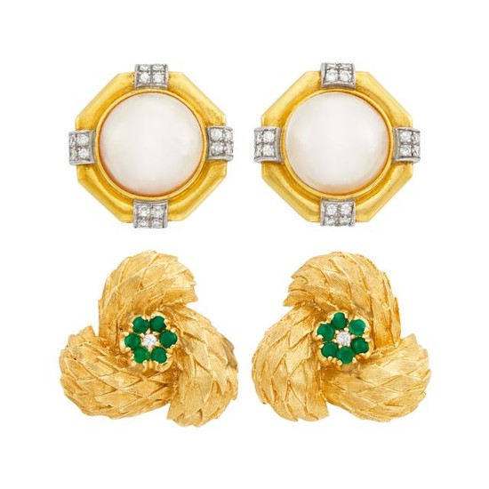 Pair of Gold, Green Onyx and Diamond Earclips and Gold, Mabé Pearl and Diamond Earclips