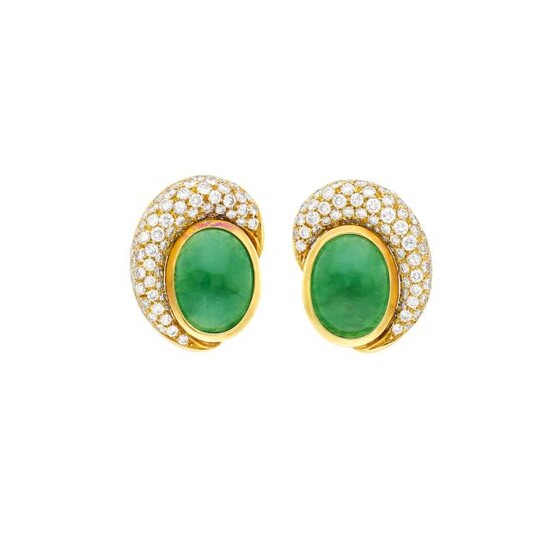 Pair of Gold, Jade and Diamond Earclips