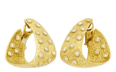 Pair of Gold and Diamond Hoop Earclips
