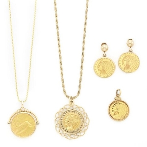 Pair of Gold and Gold-Filled Coin Pendant-Earclips, Pendant and Two Pendant-Necklaces