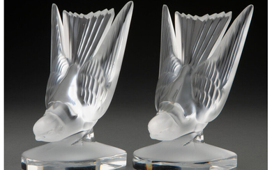 Pair of Lalique Clear and Frosted Glass Hirondelle Bookends (post-1945)