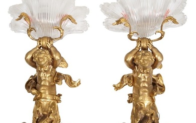 Pair of Large Gilt Bronze Putti Three Light Wall Sconces, 20th c., H.- 25 1/2 in., W.- 12 in., D.- 8
