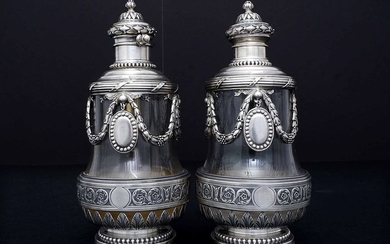 Pair of Large Glass Container with Silver (2) - .950 silver - Andre Aucoc (active 1887-1911) - France - ca. 1900