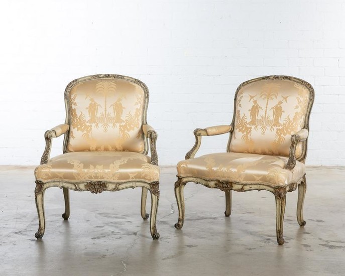 Pair of Louis XV style paint decorated fauteuils