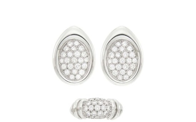 Pair of White Gold and Diamond Earclips and Henry Dunay Hammered White Gold and Diamond Ring