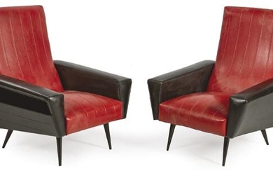 Pair of armchairs in red and black leatherette, with