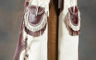 Pair of custom, two-tone, fringed leather Chaps with