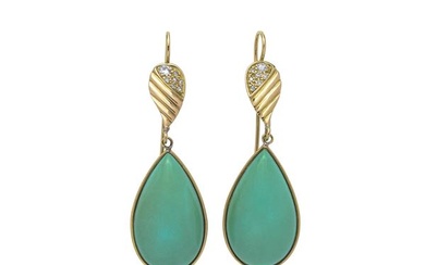Pair of pendant earrings in yellow gold, diamonds and turquoise drops