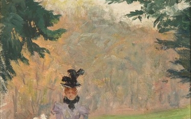 Paul Fischer: Mother and daughter strolling in the park. Signed Paul Fischer. Oil on canvas laid on cardboard. 30.5×20.5 cm.