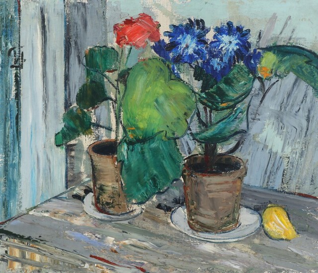 Paul Marti-Jensen: Still life with pot plants and fruit in a windowsill. Signed monogram. Oil on canvas. 58×68 cm.