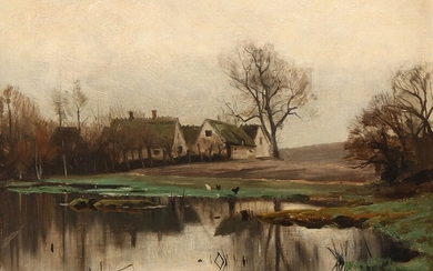 Peder Mønsted: A farm by a pond on a grey day. Signed and dated P. Mønsted 1901. Oil on canvas laid on cardboard. 25×34 cm.