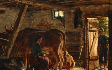Peder Mønsted: Interior from a barn. Signed and dated P. M. 77. Oil on canvas. 35×44 cm.