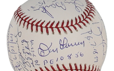 Perfect Game Pitchers LE OML Baseball Signed By (17) With Randy Johnson, Sandy Koufax, Roy Halladay, Don Larsen With Perfect Game Date Inscriptions (PSA)