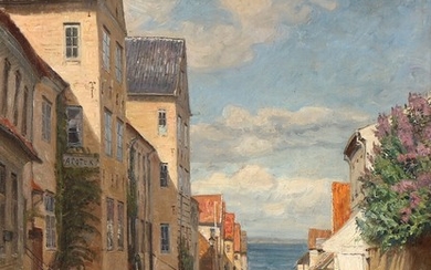 Peter Tom-Petersen: View from Vestergade in Ærøskøbing on the island of Ærø. Signed and dated Tom Petersen 1916. Oil on canvas. 64 × 50 cm.
