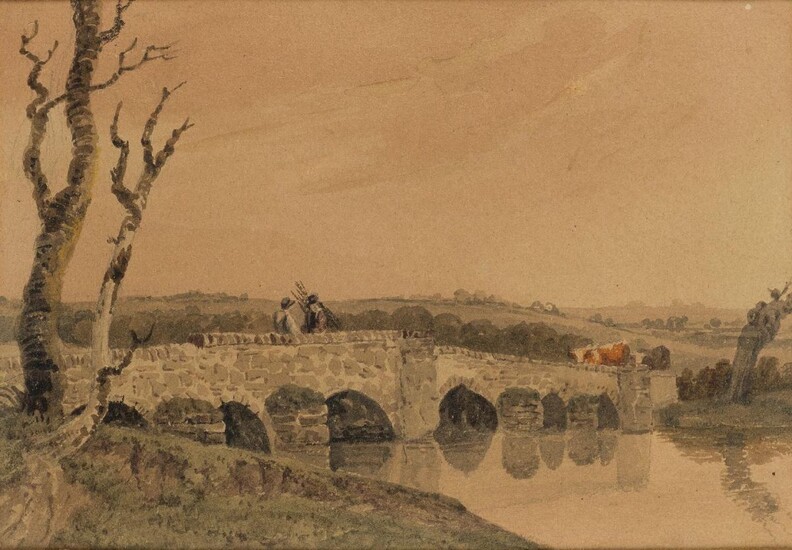 Peter de Wint, OWS, British 1784-1849- Landscape with two figures and cattle on a bridge; pencil and watercolour on paper, 18 x 26 cm. Provenance: With Mawson, Swan & Morgan, Newcastle, March 1940.; Private Collection, UK.