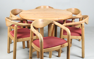 Pine wood dining table set in the style of Rainer Daumiller, Denmark, 1970s.