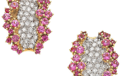 Pink Sapphire, Diamond, Rose Gold Earrings The earrings feature...