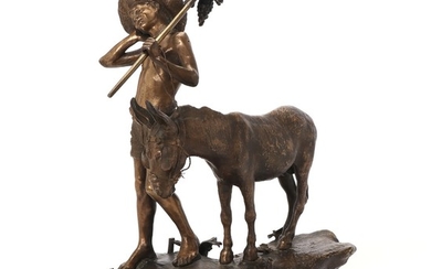 Piotr Alexandrovich Samonov: A Russian bronze sculpture with remains of gilding depicting a young shepherd boy. Signed P. Samonov. H. 35 cm. L. 28 cm.