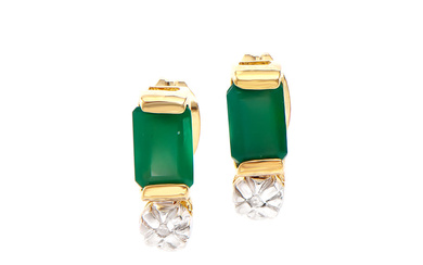 Plated 18KT Yellow Gold 1.10ctw Green Agate and Diamond Earrings