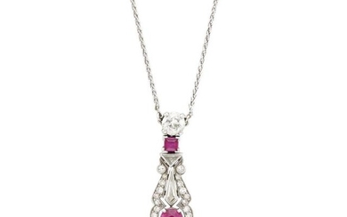 Platinum, Ruby and Diamond Pendant-Necklace
