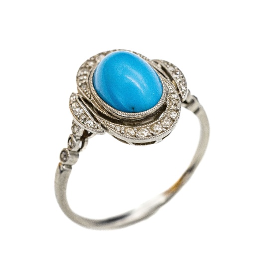 Platinum diamond-ring, 1930s , Platinum tested, turquoise-cabochon with...