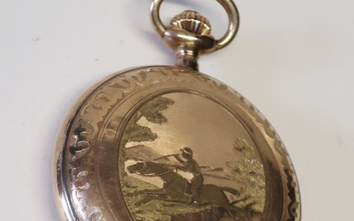 Pocket watch with equestrian motif, gold plated, glass cover damaged,...