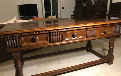Precious Italian table with three drawers, rectangular shape. - Walnut - 19th century