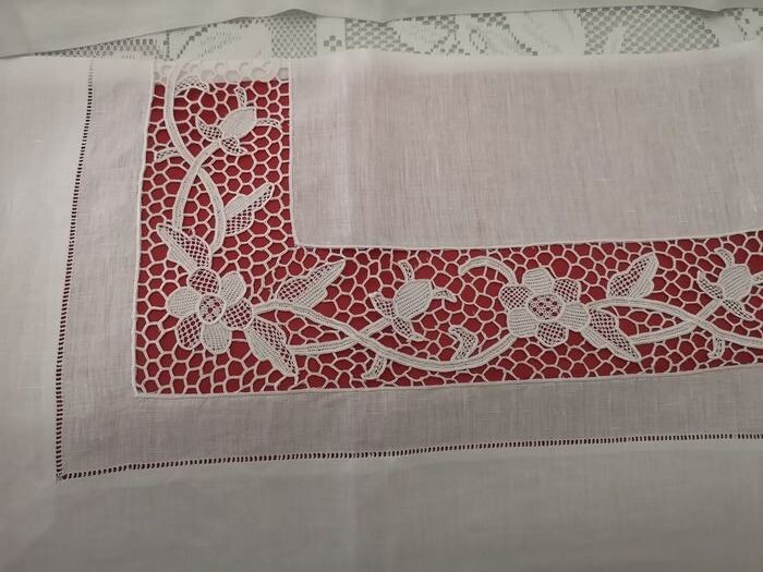 Pure linen sheet with handmade Burano di Venezia embroidery - 265 x 280 cm - Linen - 21st century