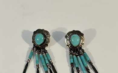 QT Signed Native American Southwestern TURQUOISE Earrings 925 Sterling Silver