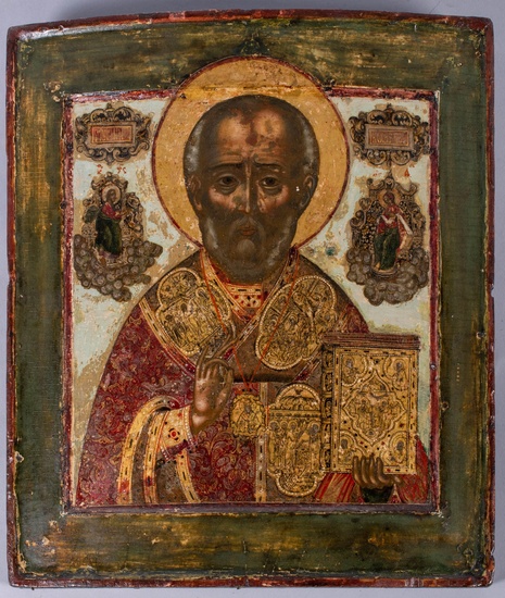 RUSSIAN, 19TH CENTURY, ICON OF ST. NICHOLAS, Egg tempera and gesso on wood panel, 12 1/2 x 11 in. (31.8 x 27.9 cm.)