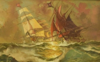 Renato Loganesi Oil on Canvas Naval Battle