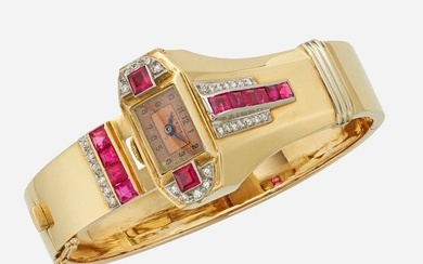 Retro, Synthetic ruby, diamond, and gold watch bracelet