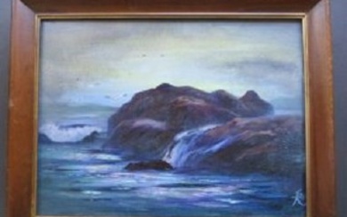Rock in Ocean, Signed 1960s Oil Painting on Canvas in Wood Frame