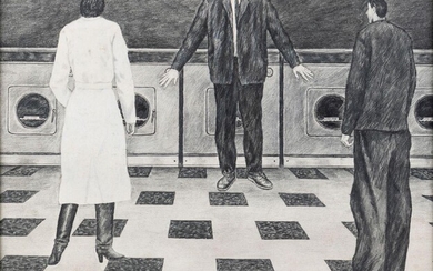 Rod Judkins, British b.1956 - Laundrette; pencil on paper, signed upper right 'R Judkins', 36.3 x 41.5 cm (ARR) Provenance: with Thumb Gallery, London (according to the label attached to the reverse of the frame); private collection