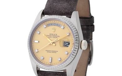 Rolex. Extremely Well Preserved and Rare Day-Date Automatic Wristwatch in White Gold, Reference 18 039, Diamond-set Dial