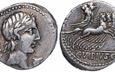 Roman Republic, C. Vibius c. f. Pansa, AR Denarius, 39-38 BC, laureate head of Apollo right, PA...