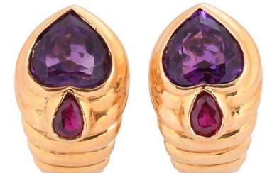 SABBADINI 18K YELLOW GOLD, AMETHYST AND RUBY EARRINGS, ITALY
