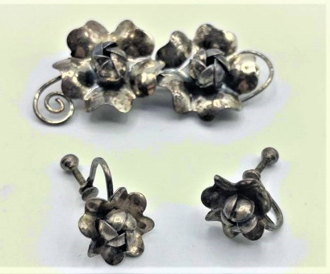 STERLING SILVER Flower Brooch and Earrings Set