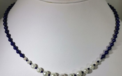 Saltwater Japanese pearls RD Ø 3,5 to 8 mm - 925 Akoya pearl, Silver - Necklace - Lapis lazulis