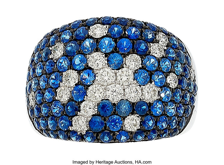 Sapphire, Diamond, White Gold Ring Stones: Round-cut sapphires weighing...