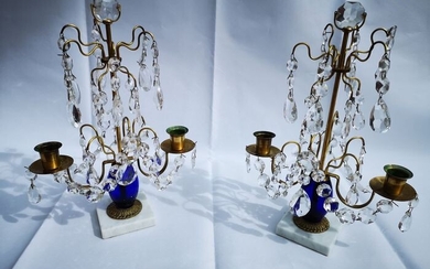 Set of Swedish two-light girandoles (2) - Crystal, Glass, Marble, Ormolu - 19th century