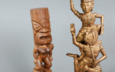 Set of sculptures/figures, Hanuman and Raman, God, Fo-Hund and Buddha, stone, wood, gilded, Thailand, Bali/Asia (4).