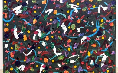 Signed Abstract Multicolor Painting on Canvas. Confett