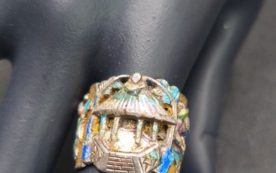 Signed Chinese Sterling & Enamel Ring